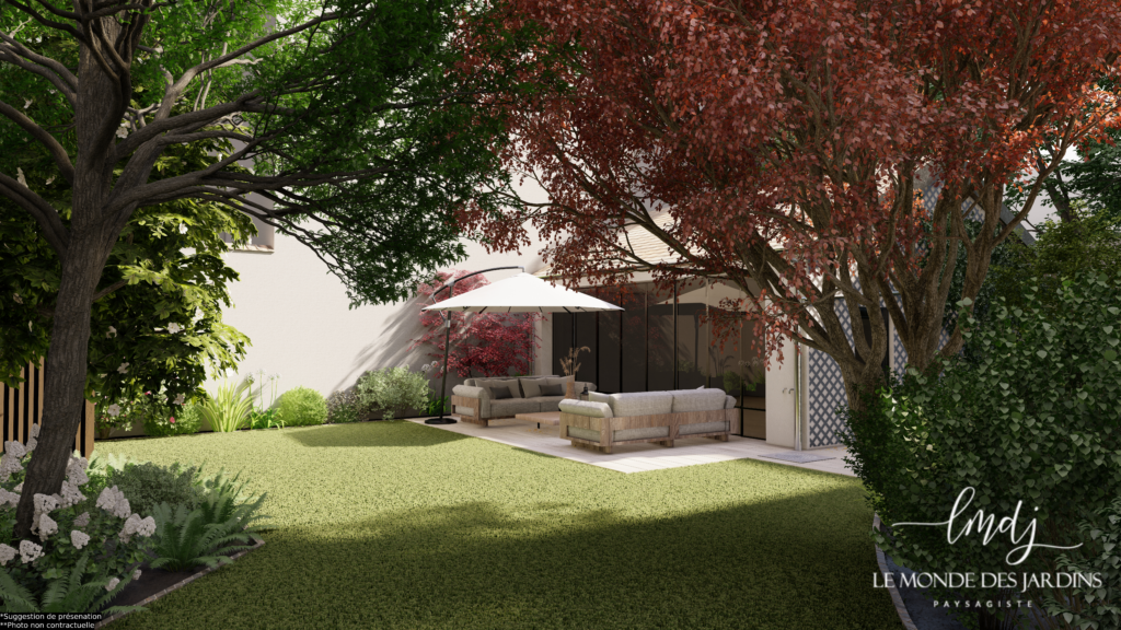 Conception 3D d'un jardin contemporain avec terrasse en bois, salon extérieur, grands arbres d'ornement, pelouse et massifs paysagers autour d'une maison.