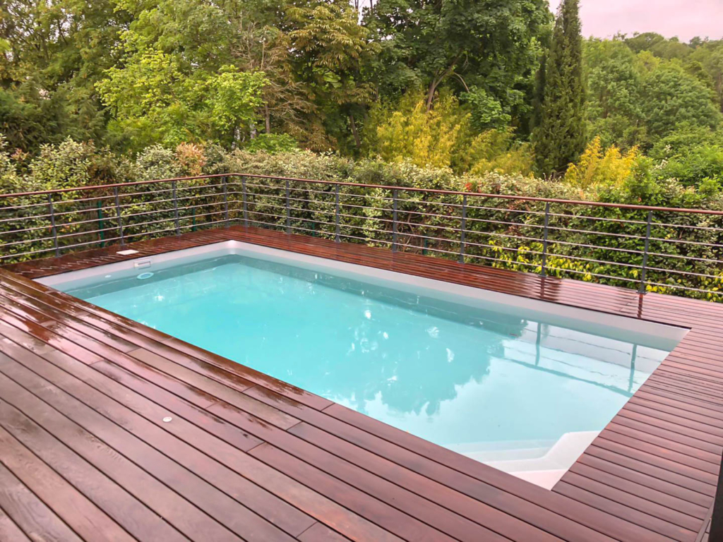 Piscine design entourée d’une terrasse en bois avec vue sur un jardin arboré.