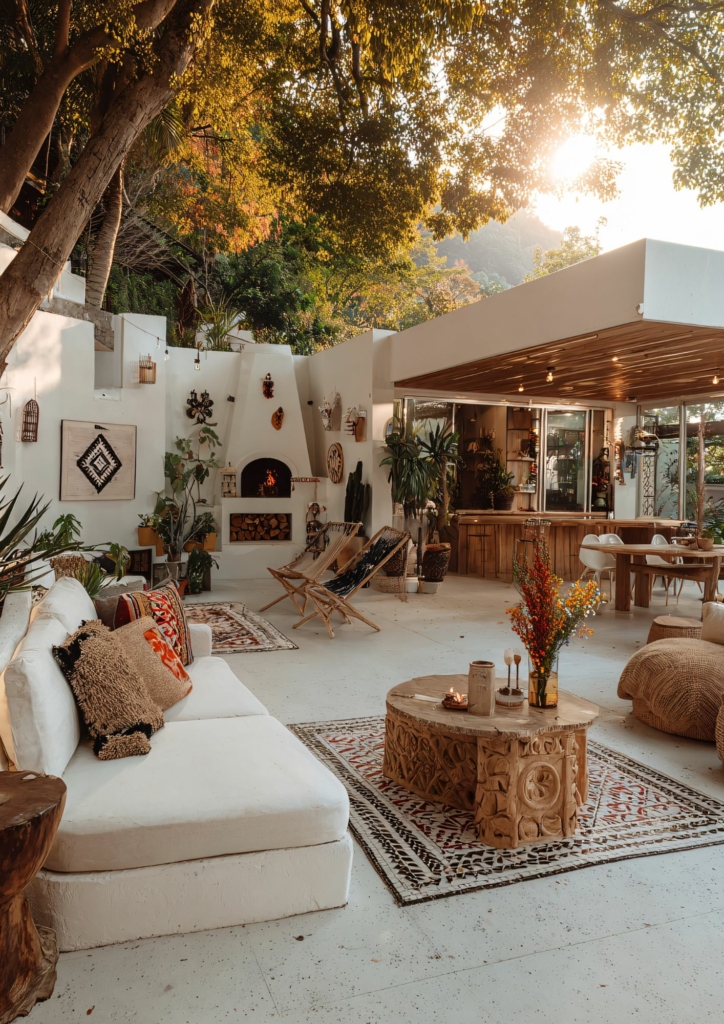 Design sans titre Terrasse de restaurant aménagée en oasis urbaine avec mobilier chaleureux, végétation luxuriante et ambiance conviviale