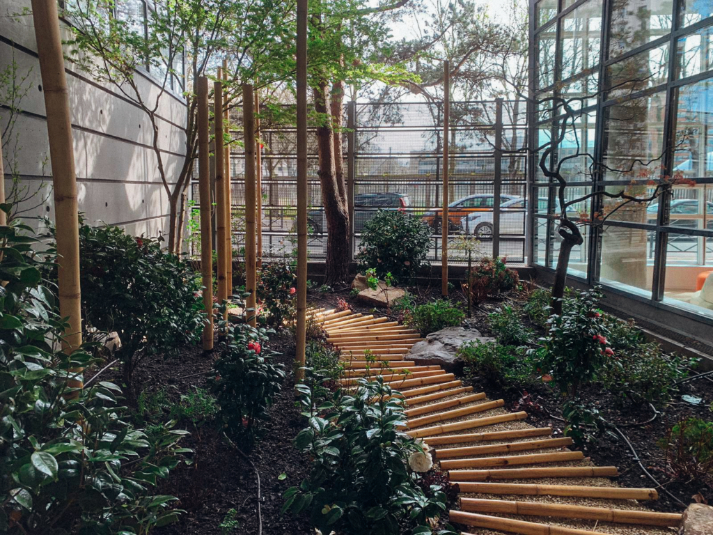 Bechet entreprise Aménagement paysager intérieur pour entreprise avec cheminement en bois, végétation naturelle et espace végétalisé contemporain.