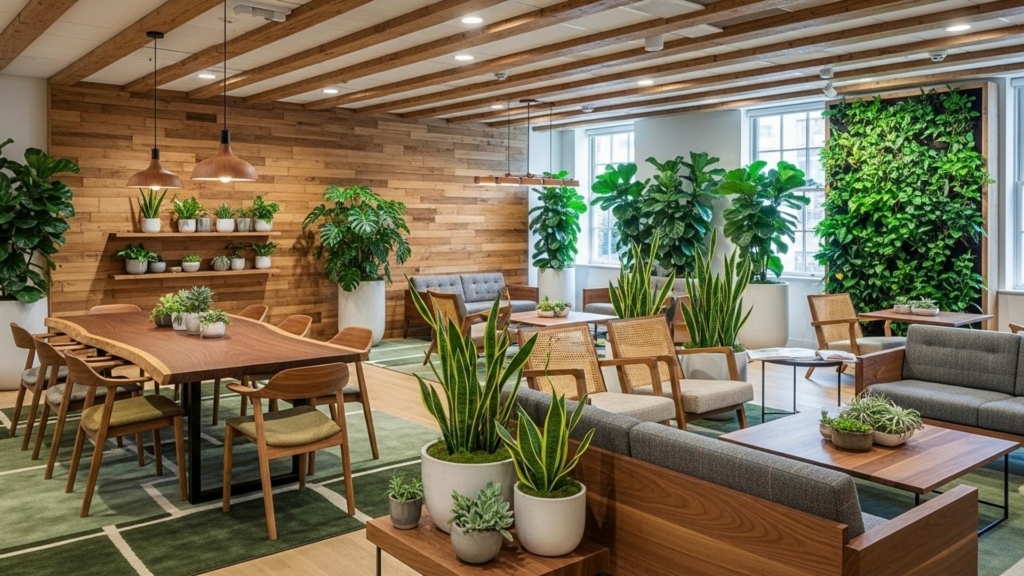 Paysagiste pour entreprises technologiques Aménagement paysager intérieur pour entreprise technologique avec plantes vertes, mur végétal et espace de travail moderne.