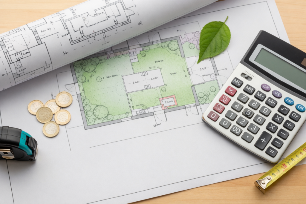 Plan jardin Combien coûte vraiment un paysagiste professionnel ? Plan d’aménagement de jardin avec calculatrice, mètre et pièces illustrant le coût d’un paysagiste