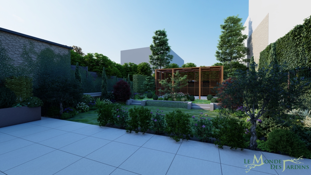 Projet d’aménagement paysager sur mesure avec jardin structuré, pergola en bois et végétation dense en milieu urbain