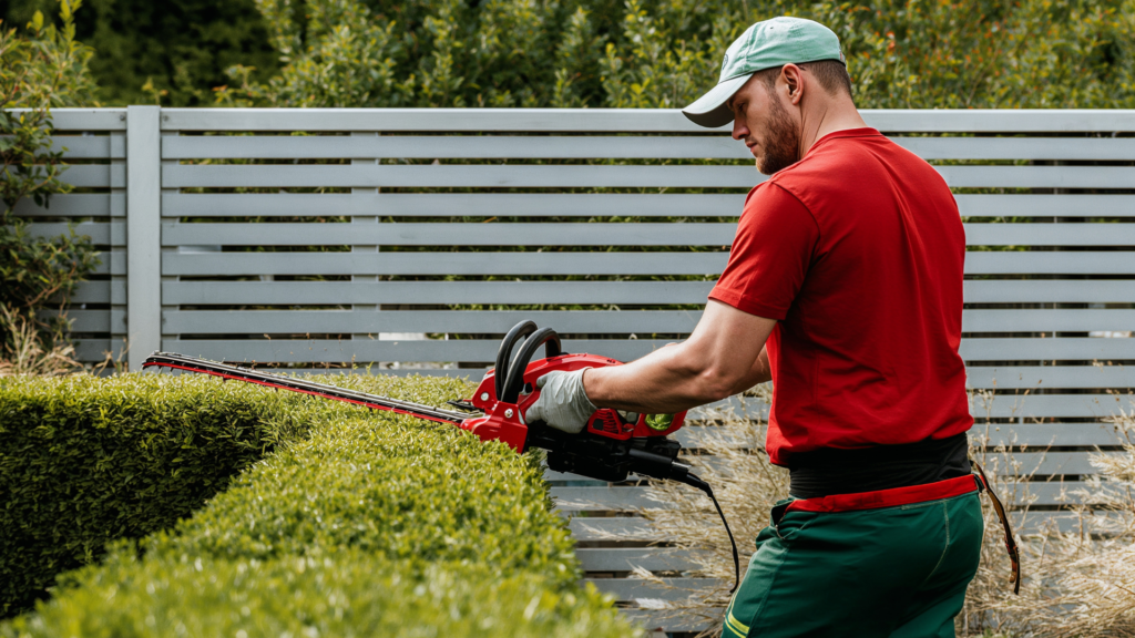 Entretien Paysagiste professionnel taillant une haie avec un taille-haie électrique lors d’un entretien de jardin