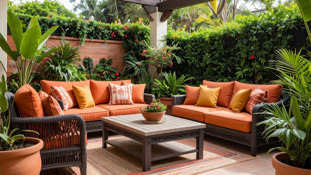Salon de jardin en résine tressée avec coussins orange sur terrasse végétalisée aux plantes tropicales et mur en briques