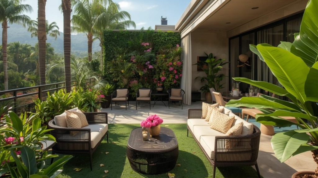 Végétaliser une terrasse au soleil créer un oasis de prestige Terrasse ensoleillée végétalisée avec plantes exotiques, mobilier élégant et ambiance de prestige