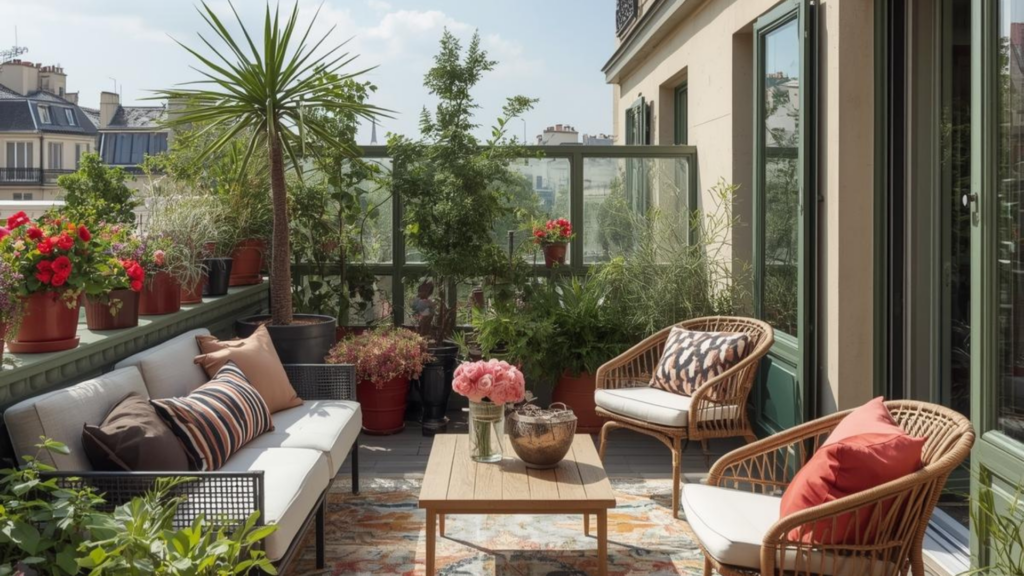 Végétaliser une terrasse au soleil créer un oasis de prestige Terrasse ensoleillée végétalisée avec mobilier élégant et plantes en pots, créant un oasis de prestige en milieu urbain