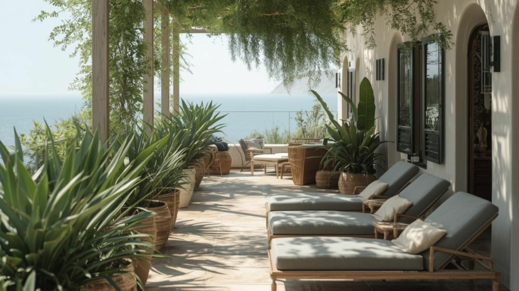 Végétaliser une terrasse au soleil créer un oasis de prestige (2) Terrasse ensoleillée végétalisée face à la mer, avec plantes méditerranéennes et mobilier élégant, créant un oasis de prestige
