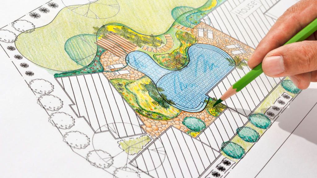 Plan d’aménagement paysager dessiné à la main illustrant la conception d’un jardin avec piscine, terrasses et espaces végétalisés