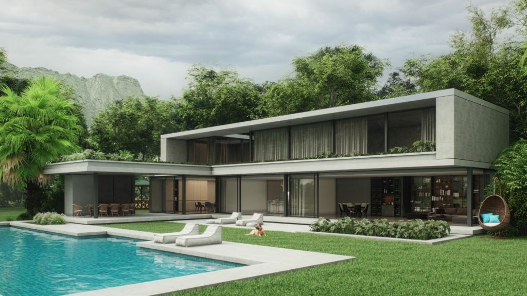 Jardin avec villa Jardin moderne avec piscine devant villa contemporaine, terrasse design, grandes baies vitrées et aménagement paysager haut de gamme entouré de végétation.