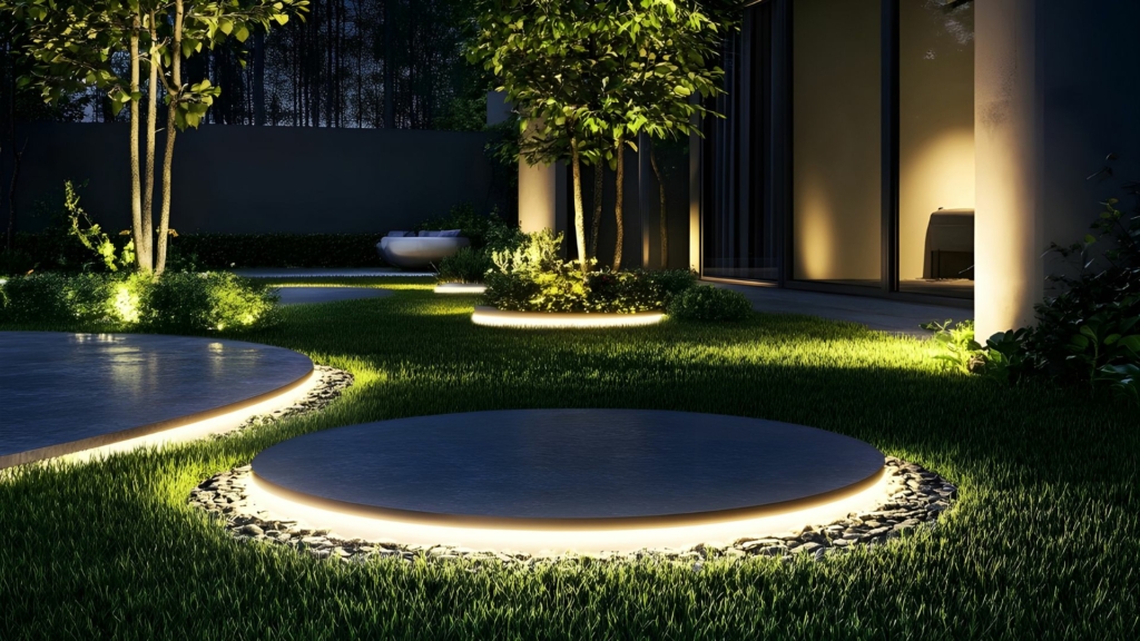 Jardin avec éclairage Jardin contemporain avec éclairage paysager intégré, dalles rondes lumineuses, pelouse structurée et arbres mis en valeur devant une maison moderne.