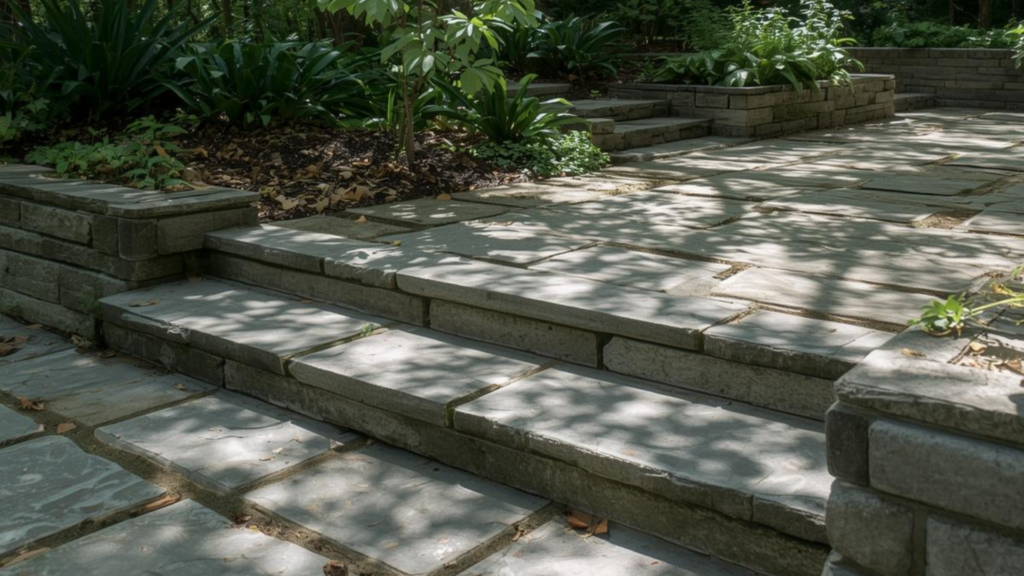 Végétaliser une terrasse au soleil créer un oasis de prestige (16) Terrasse en pierre naturelle avec marches et aménagement paysager structuré