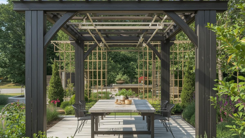 Pergolas Pergola design avec table extérieure et jardin paysager structuré haut de gamme