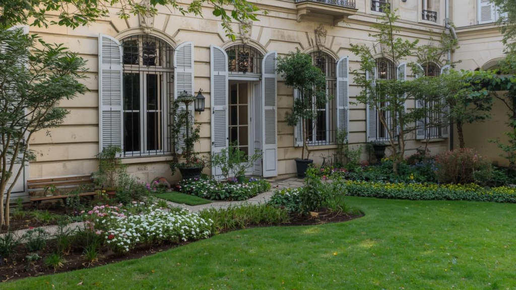 Jardin privé élégant avec pelouse, massifs fleuris et façade haussmannienne, aménagement paysager sur mesure réalisé par un architecte paysagiste à Paris