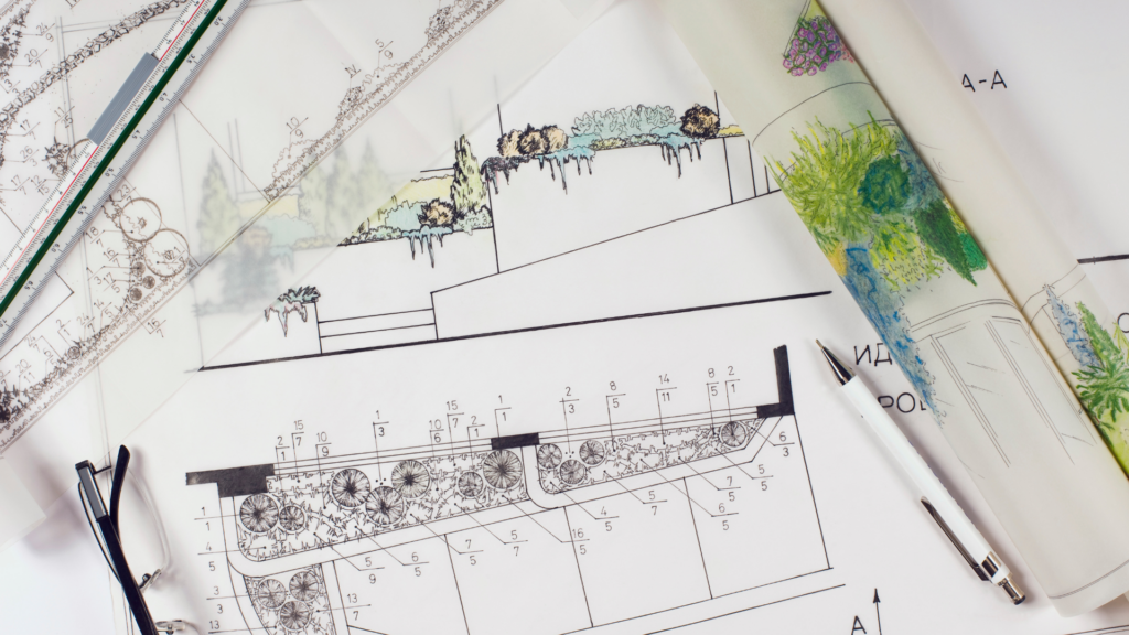 Plan d’aménagement paysager pour jardin contemporain avec croquis et conception sur mesure