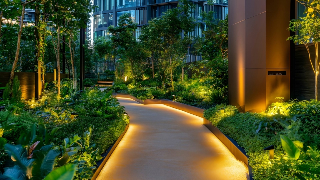Allée paysagère Allée paysagère avec éclairage LED intégré, massifs végétalisés et cheminement piéton au pied d’un immeuble moderne.