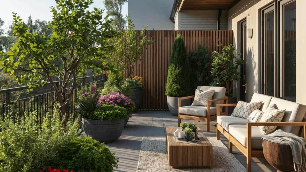 Végétaliser une terrasse au soleil créer un oasis de prestige (40) Terrasse plein sud végétalisée avec arbustes en pots, fleurs colorées et salon de jardin confortable créant un espace extérieur verdoyant et agréable au soleil.