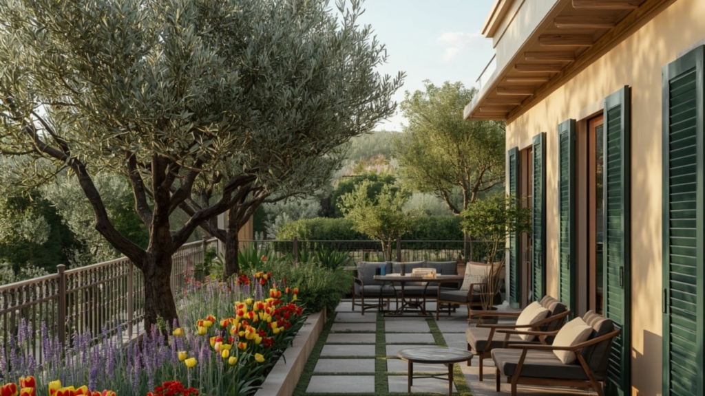 Végétaliser une terrasse au soleil créer un oasis de prestige (41) Terrasse méditerranéenne végétalisée avec oliviers, massifs de lavande et tulipes colorées, aménagée avec un salon de jardin élégant pour profiter d’un espace extérieur ensoleillé.