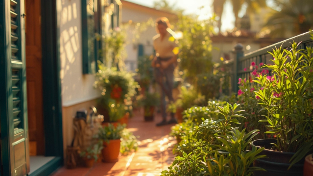 Végétaliser une terrasse au soleil créer un oasis de prestige (42) Entretien d’une terrasse végétalisée avec plantes en pots et massifs fleuris, arrosage et soin des végétaux pour préserver un espace extérieur verdoyant et accueillant.