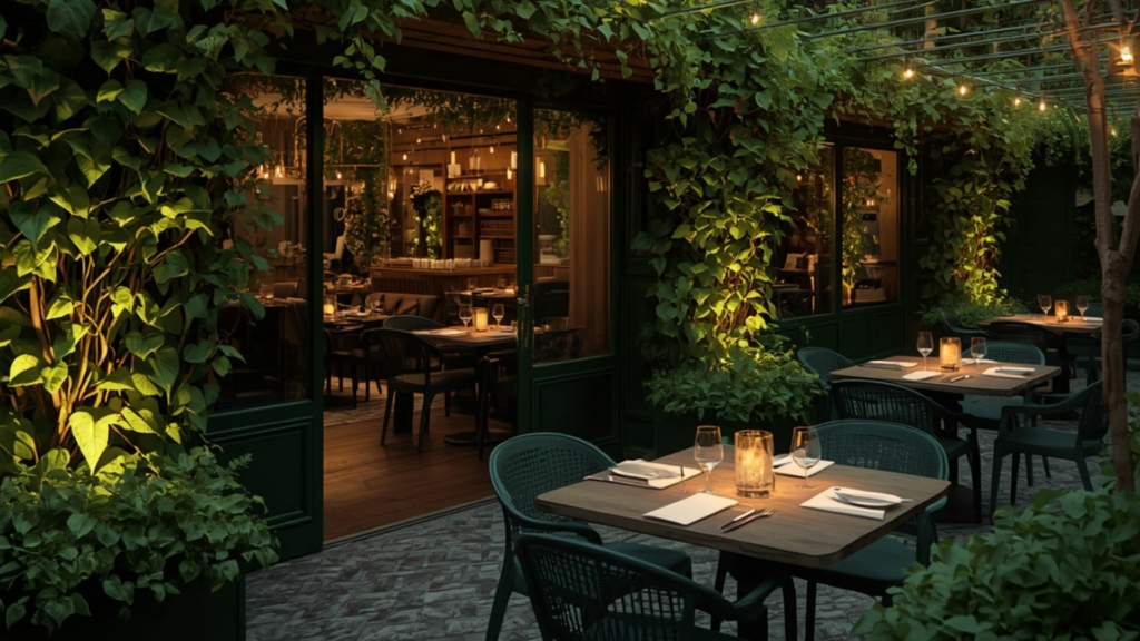Végétaliser une terrasse au soleil créer un oasis de prestige (44) Terrasse de restaurant végétalisée avec murs recouverts de plantes grimpantes, éclairage d’ambiance et tables élégamment dressées pour une expérience conviviale en extérieur.