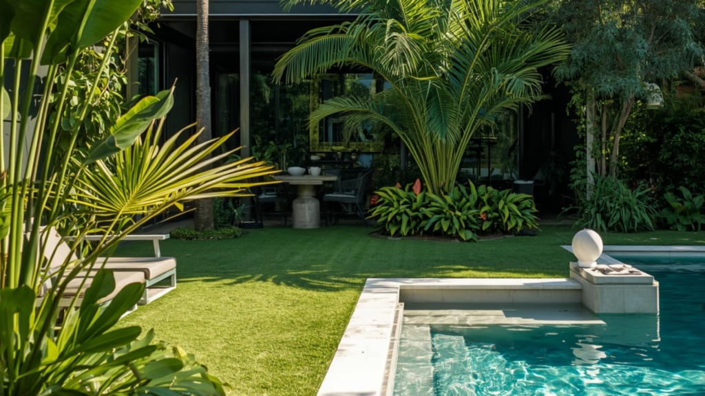 Piscine hôtel Aménagement paysager d’un hôtel de luxe avec piscine, terrasse végétalisée, palmiers et plantes exotiques créant un cadre haut de gamme propice à la détente et à l’évasion.