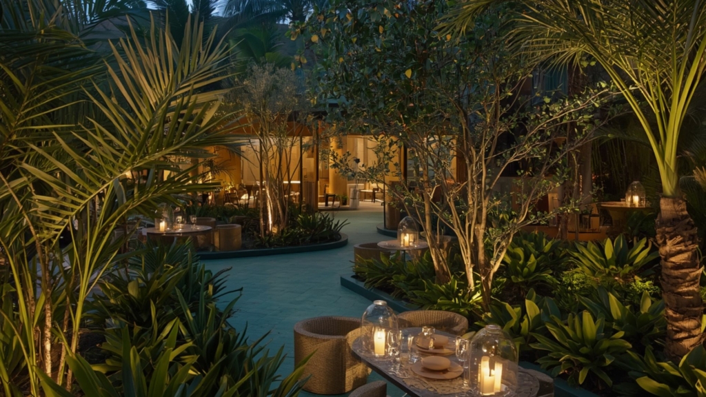 Terrasse hôtel Terrasse végétalisée d’un hôtel de luxe avec ambiance tropicale, palmiers, végétation luxuriante et éclairage d’ambiance créant un espace extérieur élégant et immersif pour les clients.