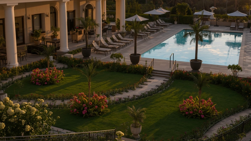 Végétaliser une terrasse au soleil créer un oasis de prestige (47) Aménagement paysager d’un hôtel de luxe avec piscine, jardins soigneusement entretenus, palmiers, massifs fleuris et espaces de détente haut de gamme valorisant l’expérience des clients.