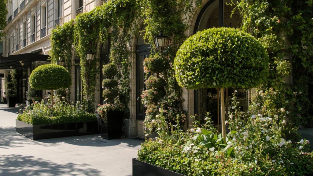 Végétalisation d'un hôtel Végétalisation urbaine d’un hôtel avec façade habillée de plantes grimpantes, arbustes taillés, massifs fleuris et aménagement paysager haut de gamme favorisant le confort des visiteurs et l’intégration de la nature en ville.