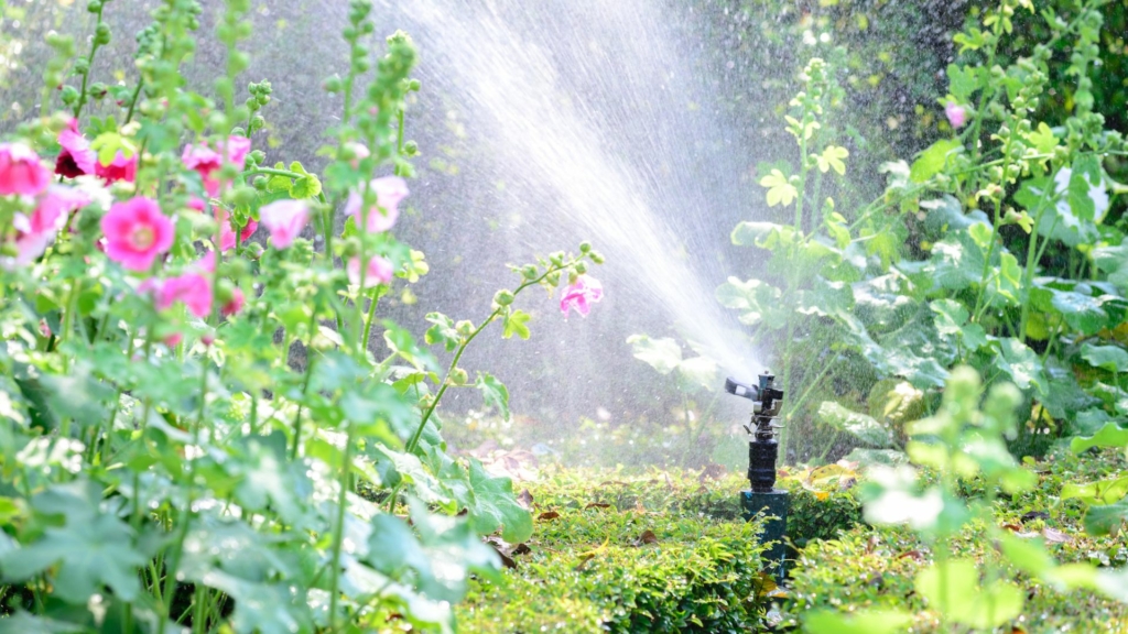 Arrosage Système d’arrosage automatique dans un jardin fleuri, permettant de préserver les végétaux pendant les périodes de sécheresse et de fortes chaleurs estivales tout en optimisant la consommation d’eau.