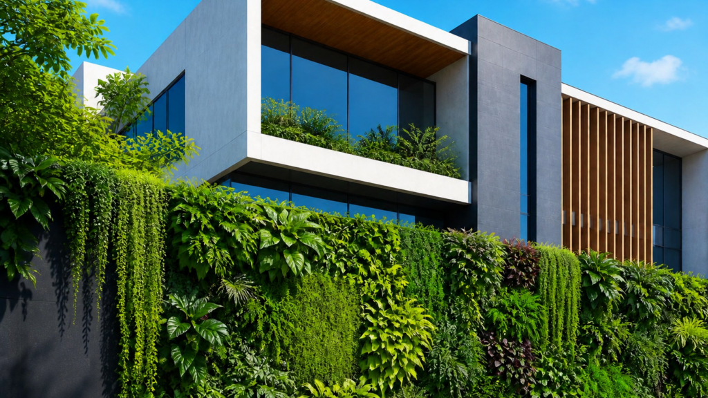 Mur végétalisé Mur végétalisé intégré à une architecture moderne et durable avec façade contemporaine, végétation luxuriante et conception paysagère pensée pour durer dans le temps.