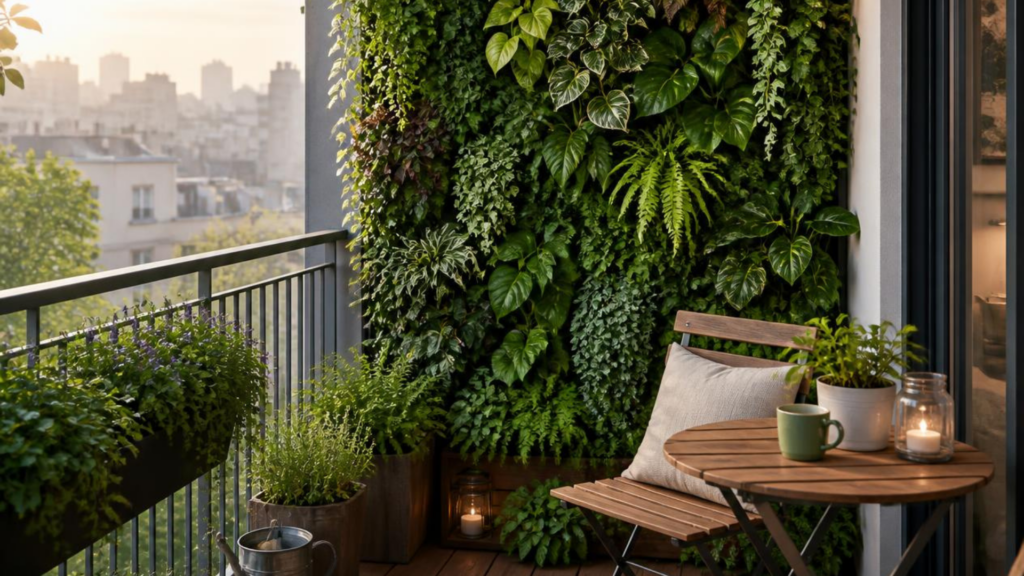 Mur végétal balcon Mur végétal anti-bruit sur balcon en ville, aménagement végétalisé réduisant les nuisances sonores, améliorant l'intimité et créant un espace extérieur calme, naturel et confortable.