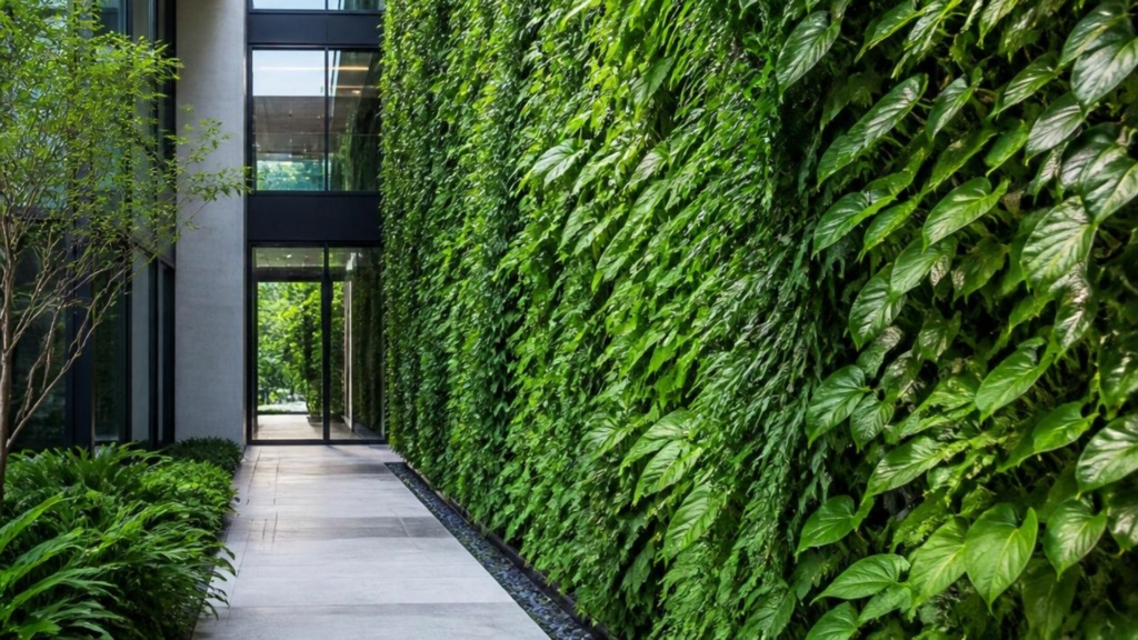 Mur végétalisé Mur végétalisé sur façade d'architecture moderne, intégrant un jardin vertical durable pour améliorer l'esthétique, l'isolation et le confort des bâtiments dans le temps.