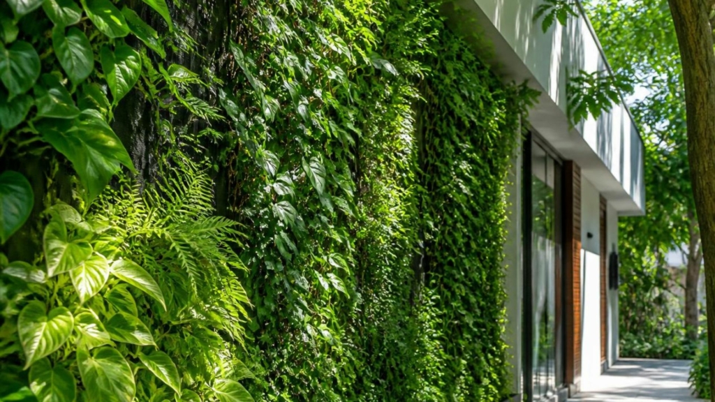Mur végétalisé Mur végétalisé extérieur sur maison contemporaine, façade végétale durable intégrée à une architecture moderne pour améliorer l'isolation, le confort thermique et l'esthétique du bâtiment.