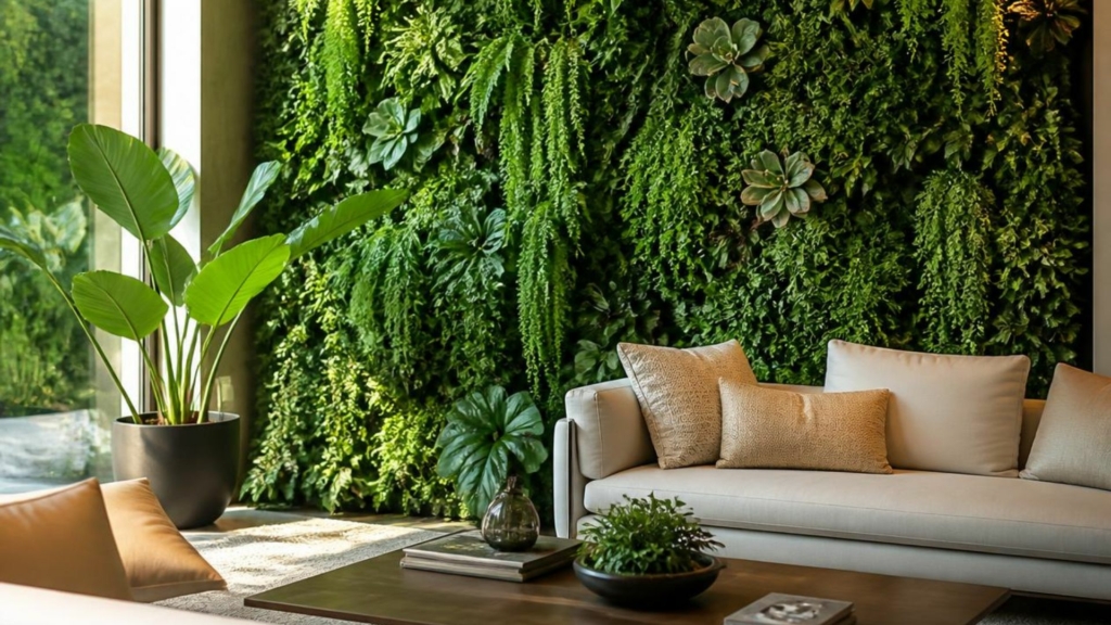 Mur végétal intérieur dans un salon haut de gamme, décoration végétale élégante intégrée à un espace d'exception pour créer une ambiance naturelle, apaisante et prestigieuse.