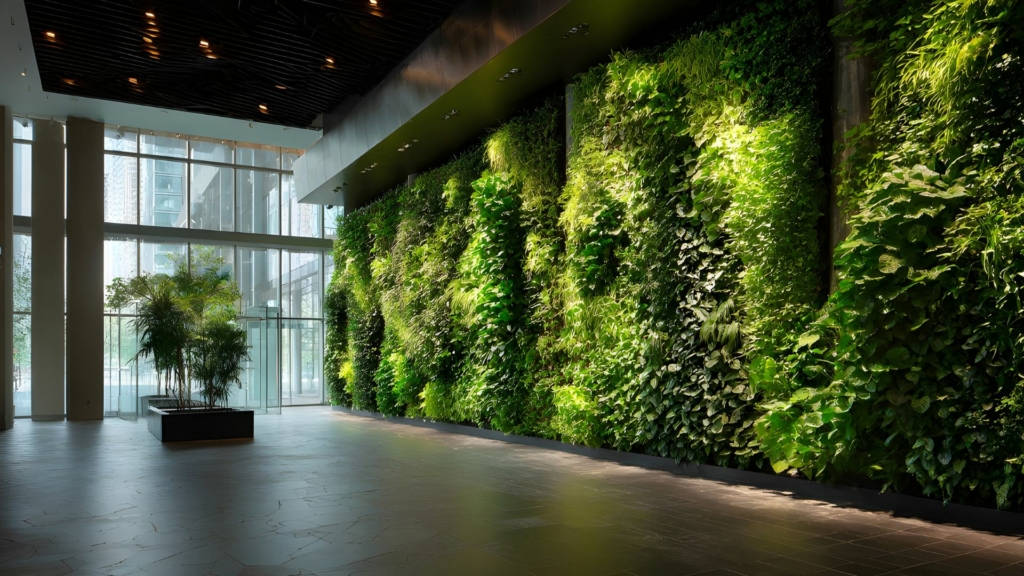 Grand mur végétal intérieur dans un hall d'entreprise, installation végétale haut de gamme apportant design, bien-être et valorisation des espaces professionnels et des lieux d'exception.