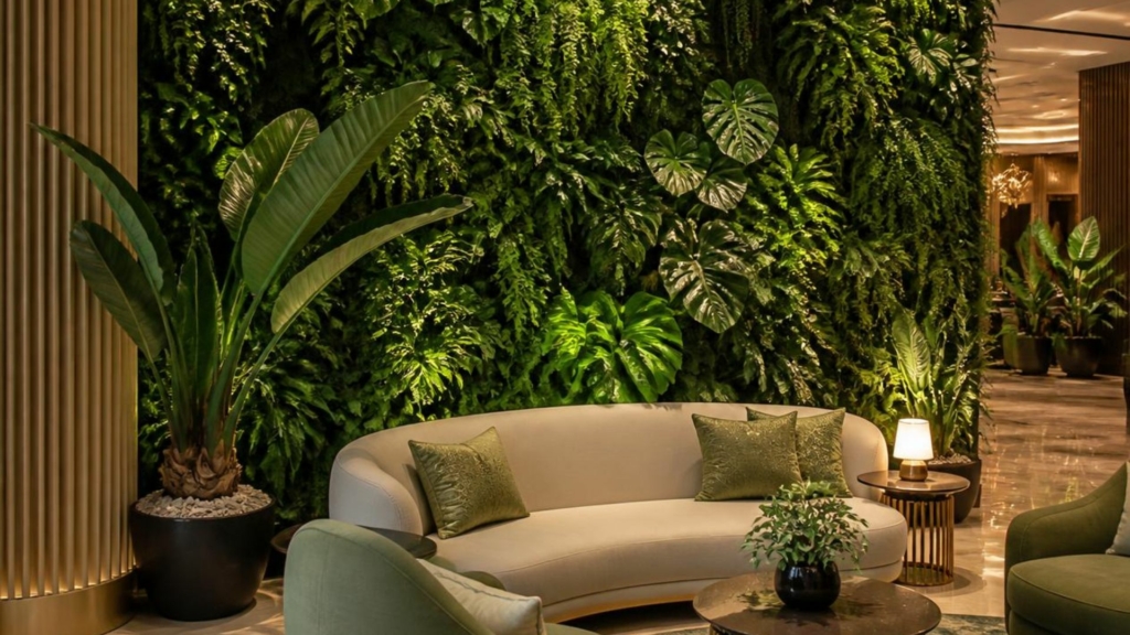 Mur végétal intérieur dans le hall d'accueil d'un hôtel haut de gamme, aménagement végétalisé créant une ambiance élégante, apaisante et immersive pour les lieux d'exception.