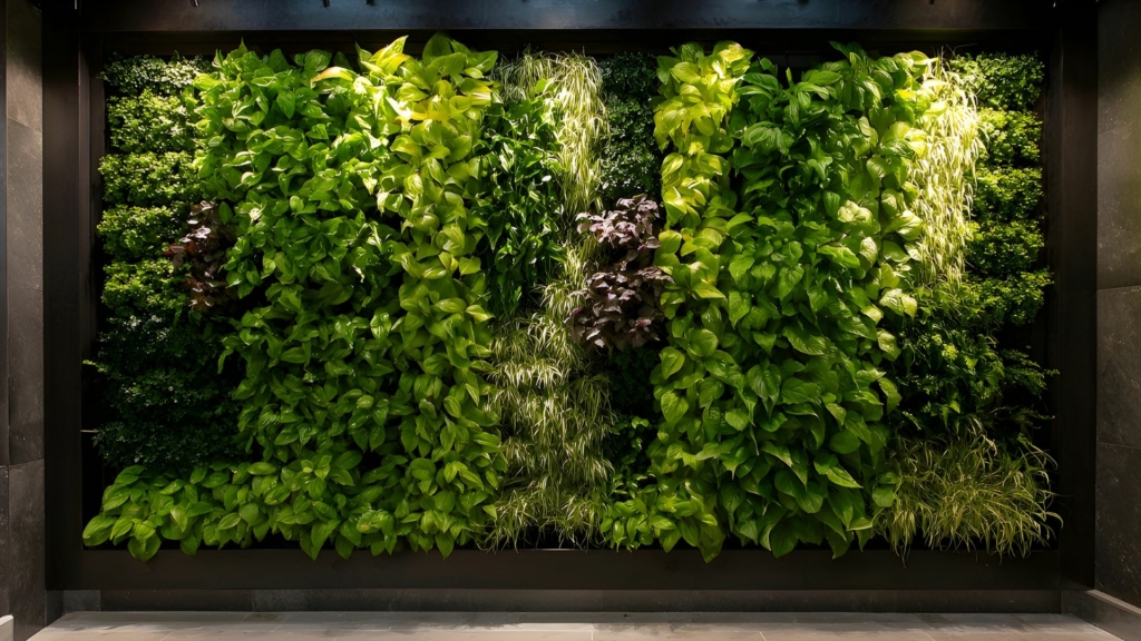 Mur végétalisé anti-bruit Mur végétalisé anti-bruit extérieur le long d'une voie de circulation, solution paysagère réduisant les nuisances sonores tout en améliorant l'esthétique, la biodiversité et le confort des espaces extérieurs.