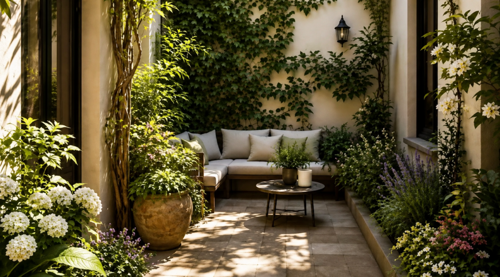 cour intérieure Cour intérieure végétalisée à Paris avec banquette sur mesure, plantes grimpantes et massifs paysagers illustrant les contraintes techniques d'un projet d'aménagement.