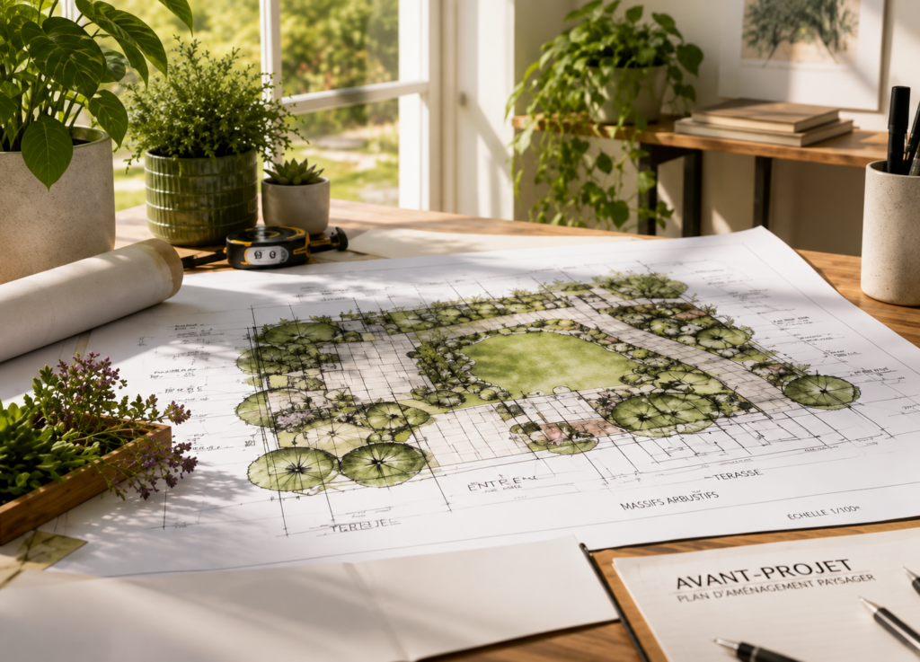 Plan d’aménagement paysager réalisé par un paysagiste haut de gamme pour concevoir un jardin sur mesure adapté à un projet résidentiel de prestige.