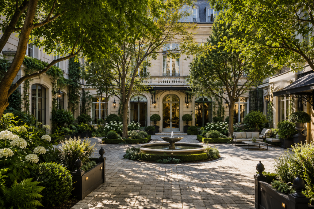 Hôtel Grande cour intérieure végétalisée d'un hôtel particulier à Paris avec fontaine, arbres d'ombrage et aménagement paysager de prestige réalisé par un paysagiste de luxe.