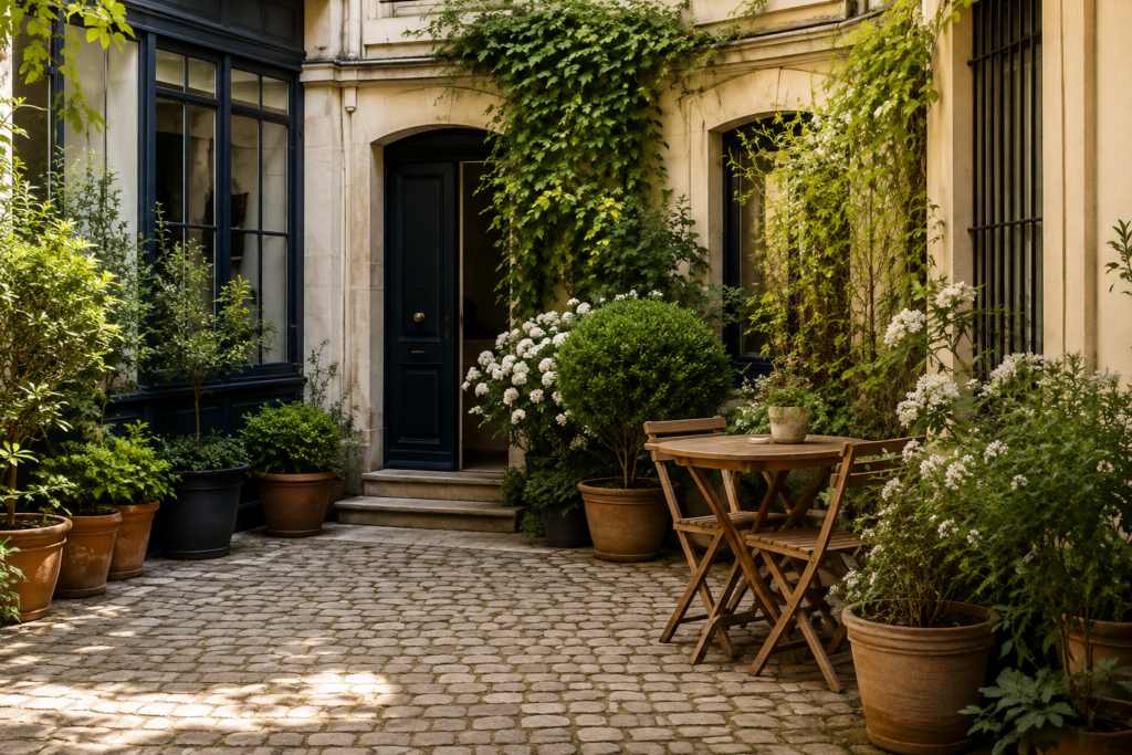 cour intérieure Grande cour intérieure végétalisée d'un hôtel particulier à Paris avec fontaine, arbres d'ombrage et aménagement paysager de prestige réalisé par un paysagiste de luxe.