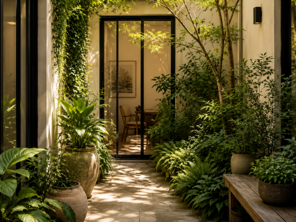 cour intérieure Grande cour intérieure végétalisée d'un hôtel particulier à Paris avec fontaine, arbres d'ombrage et aménagement paysager de prestige réalisé par un paysagiste de luxe.
