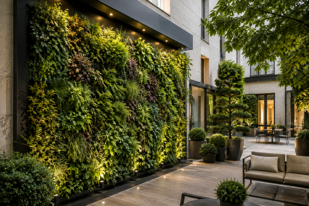 Mur végétal Mur végétal extérieur installé sur la façade d'une maison contemporaine avec système naturel professionnel, plantations diversifiées et aménagement paysager haut de gamme.