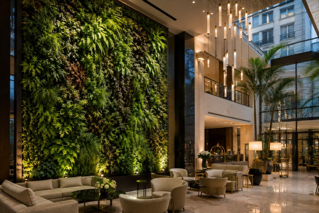 Mur végétal Mur végétal intérieur dans le hall d'un hôtel de luxe, intégrant un système végétal naturel professionnel pour sublimer l'architecture contemporaine.