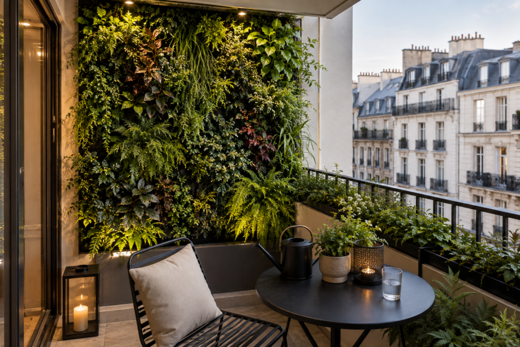 Mur végétal Mur végétal sur balcon d'appartement avec système naturel professionnel, idéal pour végétaliser un petit espace extérieur en milieu urbain.
