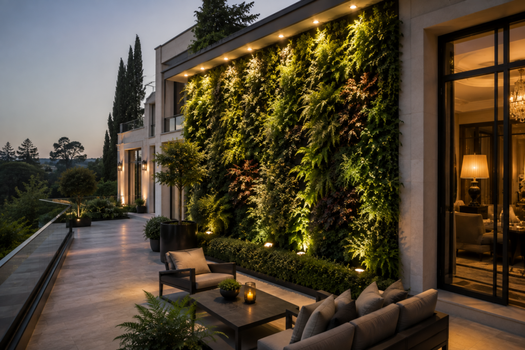 Mur végétal Mur végétal extérieur sur la terrasse d'une maison de prestige, intégrant un système végétal naturel professionnel pour valoriser une architecture contemporaine haut de gamme.