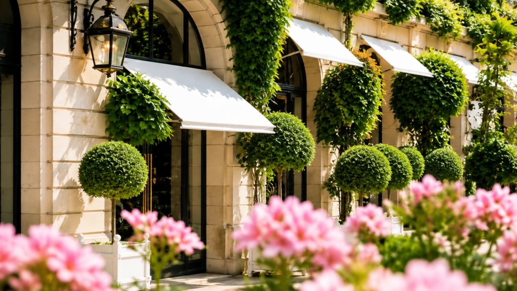Hôtel Façade végétalisée d'un hôtel de luxe avec topiaires, plantes grimpantes et aménagement paysager haut de gamme réalisé pour un établissement de prestige.