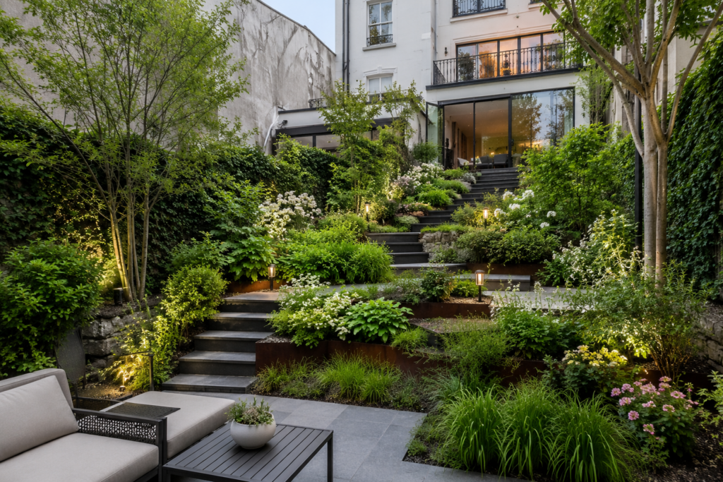 Jardin en pente Aménagement d'un jardin en pente à Paris avec terrasses paysagères, escaliers contemporains, massifs végétalisés et maison de prestige en arrière-plan.