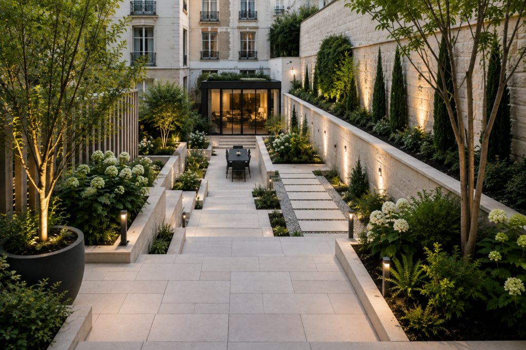 Jardin en pente Aménagement d'un jardin en pente dans une maison de prestige à Paris avec terrasses en cascade, escaliers en pierre naturelle, massifs paysagers et éclairage extérieur intégré.