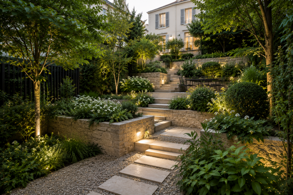 Jardin en pente Aménagement d'un jardin en pente dans une demeure de prestige avec terrasses en pierre naturelle, escaliers paysagers, murets maçonnés, massifs végétalisés et éclairage extérieur intégré.